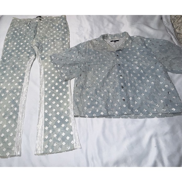 Fashion Nova Other - FASHION NOVA MEN Light Blue Denim Lace Distressed Pant Set Sz 38 Streetwear